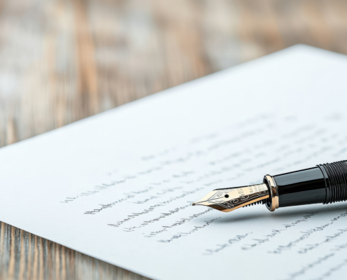 close up of vintage fountain pen resting handwritten paper, showcasing elegance and